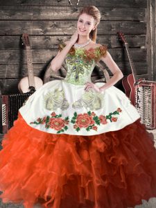 Rust Red Ball Gowns Satin and Organza Off The Shoulder Sleeveless Embroidery and Ruffles Floor Length Lace Up Sweet 16 Quinceanera Dress