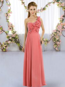 Watermelon Red Chiffon Lace Up Quinceanera Court Dresses Sleeveless Floor Length Hand Made Flower