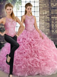 Floor Length Rose Pink Quince Ball Gowns Scoop Sleeveless Lace Up