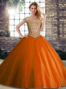 Orange Red Ball Gowns Off The Shoulder Sleeveless Tulle Brush Train Lace Up Beading Sweet 16 Dresses