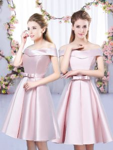 Baby Pink A-line Satin Off The Shoulder Sleeveless Bowknot Mini Length Lace Up Dama Dress for Quinceanera