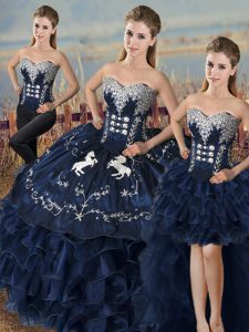 Embroidery and Ruffles Quinceanera Dress Navy Blue Lace Up Sleeveless