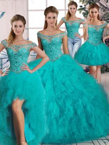 High End Long Sleeves Tulle Brush Train Lace Up 15 Quinceanera Dress in Aqua Blue with Beading and Ruffles