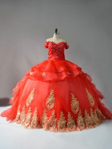 Custom Fit Red Sleeveless Court Train Appliques and Hand Made Flower Sweet 16 Dress