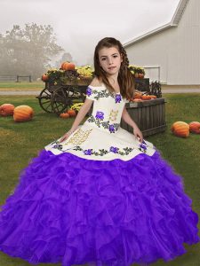 Purple Ball Gowns Straps Sleeveless Organza Floor Length Lace Up Embroidery and Ruffles Little Girl Pageant Gowns