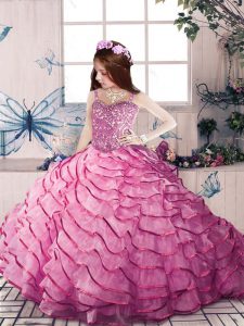 Straps Sleeveless Organza Pageant Gowns For Girls Beading and Ruffled Layers Court Train Lace Up