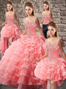 Elegant Watermelon Red Sleeveless Beading and Ruffled Layers Lace Up Quinceanera Gowns