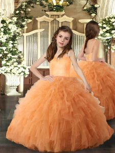 Orange Sleeveless Floor Length Ruffles Lace Up Pageant Gowns For Girls