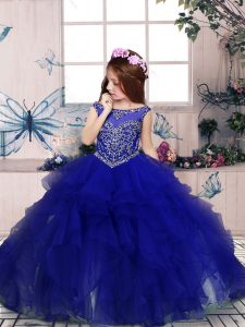 Custom Designed Floor Length Royal Blue Kids Formal Wear Scoop Sleeveless Lace Up