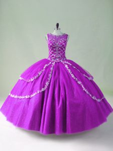 Purple Tulle Zipper Quinceanera Gowns Sleeveless Floor Length Beading and Appliques