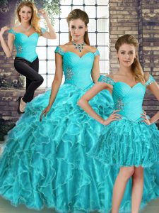 Aqua Blue Off The Shoulder Neckline Beading and Ruffles Quinceanera Gowns Sleeveless Lace Up