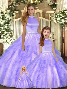 Artistic Halter Top Sleeveless Ball Gown Prom Dress Floor Length Beading and Ruffles Lavender Tulle