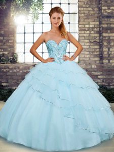 Exquisite Light Blue Ball Gowns Sweetheart Sleeveless Tulle Brush Train Lace Up Beading and Ruffled Layers Quinceanera Dresses