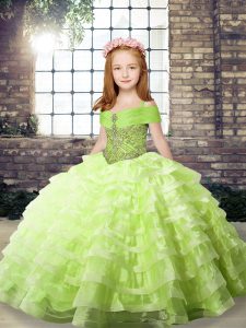Luxurious Yellow Green Ball Gowns Beading and Ruffled Layers Little Girls Pageant Gowns Lace Up Organza Sleeveless