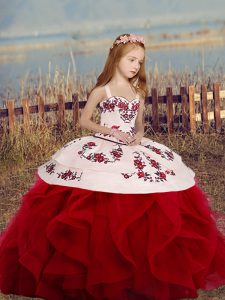 Embroidery and Ruffles Little Girls Pageant Gowns Wine Red Lace Up Sleeveless Floor Length