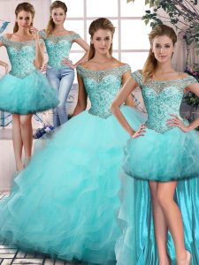 Floor Length Aqua Blue Quinceanera Gowns Off The Shoulder Sleeveless Lace Up