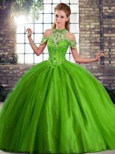 Flare Green Ball Gowns Beading Ball Gown Prom Dress Lace Up Tulle Sleeveless