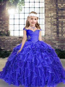 Gorgeous Sleeveless Organza Floor Length Lace Up Pageant Dress for Teens in Blue with Beading and Ruffles