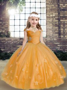 Excellent Straps Sleeveless Lace Up Pageant Dress Gold Tulle