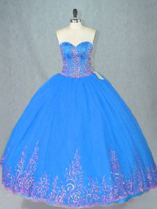 Adorable Blue Tulle Lace Up Teens Party Dress Sleeveless Floor Length Beading and Embroidery