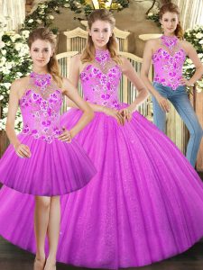 Edgy Floor Length Lilac Vestidos de Quinceanera Tulle Sleeveless Embroidery