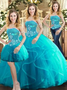 Edgy Aqua Blue Ball Gowns Tulle Strapless Sleeveless Beading and Ruffles Floor Length Lace Up Ball Gown Prom Dress