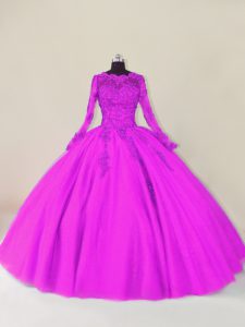 Purple Tulle Zipper Scalloped Long Sleeves Floor Length 15th Birthday Dress Lace and Appliques