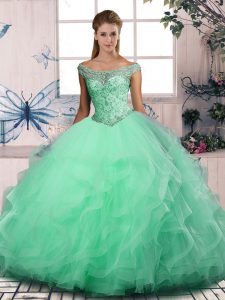 High Class Tulle Off The Shoulder Sleeveless Lace Up Beading and Ruffles Ball Gown Prom Dress in Apple Green