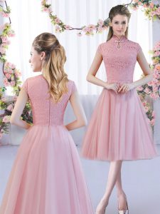 Flirting Pink Cap Sleeves Lace Tea Length Quinceanera Dama Dress