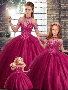 Fuchsia Sweet 16 Dresses Military Ball and Sweet 16 and Quinceanera with Beading Halter Top Sleeveless Brush Train Lace Up