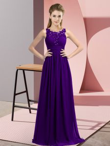 Nice Floor Length Purple Damas Dress Chiffon Sleeveless Beading and Appliques