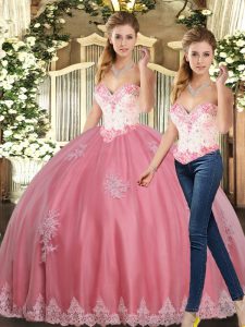 Watermelon Red Sweetheart Lace Up Beading and Appliques Sweet 16 Quinceanera Dress Sleeveless