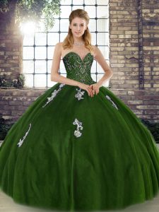 Graceful Tulle Sweetheart Sleeveless Lace Up Beading and Appliques 15 Quinceanera Dress in Olive Green