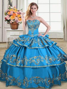 Fantastic Blue Ball Gowns Satin and Organza Sweetheart Sleeveless Embroidery and Ruffled Layers Floor Length Lace Up Quince Ball Gowns