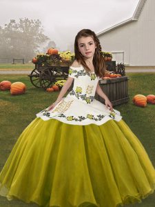 Organza Straps Sleeveless Lace Up Embroidery Kids Formal Wear in Olive Green