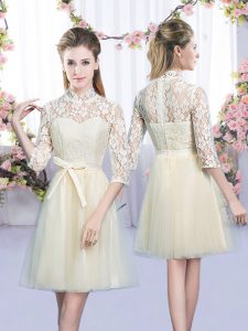Custom Design Champagne Empire High-neck Half Sleeves Tulle Mini Length Lace Up Bowknot Court Dresses for Sweet 16