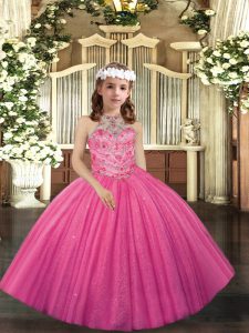 Hot Pink Ball Gowns Appliques Little Girls Pageant Gowns Lace Up Tulle Sleeveless Floor Length
