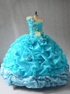 Aqua Blue Organza Lace Up One Shoulder Sleeveless Floor Length Quinceanera Gowns Pick Ups and Hand Made Flower