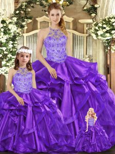 Super Organza Halter Top Sleeveless Lace Up Beading and Ruffles Quinceanera Dresses in Purple