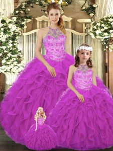 Halter Top Sleeveless Quinceanera Dresses Floor Length Beading and Ruffles Fuchsia Tulle