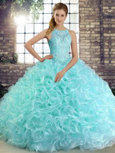 Hot Selling Sleeveless Floor Length Beading Lace Up Quince Ball Gowns with Aqua Blue