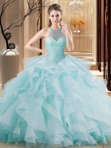 Light Blue Organza Lace Up Halter Top Sleeveless Sweet 16 Dresses Brush Train Embroidery and Ruffles