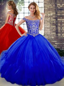 Royal Blue Tulle Lace Up 15 Quinceanera Dress Sleeveless Floor Length Beading and Ruffles