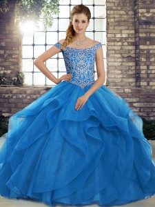 Simple Blue Tulle Lace Up Off The Shoulder Sleeveless Ball Gown Prom Dress Brush Train Beading and Ruffles
