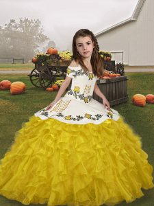 Floor Length Gold Child Pageant Dress Straps Sleeveless Lace Up