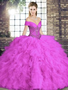 Attractive Sleeveless Tulle Floor Length Lace Up Quinceanera Gowns in Lilac with Beading and Ruffles
