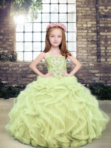 Luxurious Tulle Straps Sleeveless Lace Up Beading and Ruffles Pageant Gowns For Girls in Yellow Green