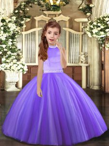 Simple Lavender Tulle Backless Halter Top Sleeveless Floor Length Little Girls Pageant Dress Wholesale Beading