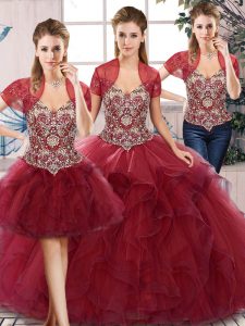 Lovely Off The Shoulder Sleeveless Lace Up Ball Gown Prom Dress Burgundy Tulle