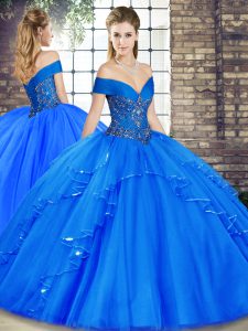 Royal Blue Ball Gowns Off The Shoulder Sleeveless Tulle Floor Length Lace Up Beading and Ruffles Vestidos de Quinceanera